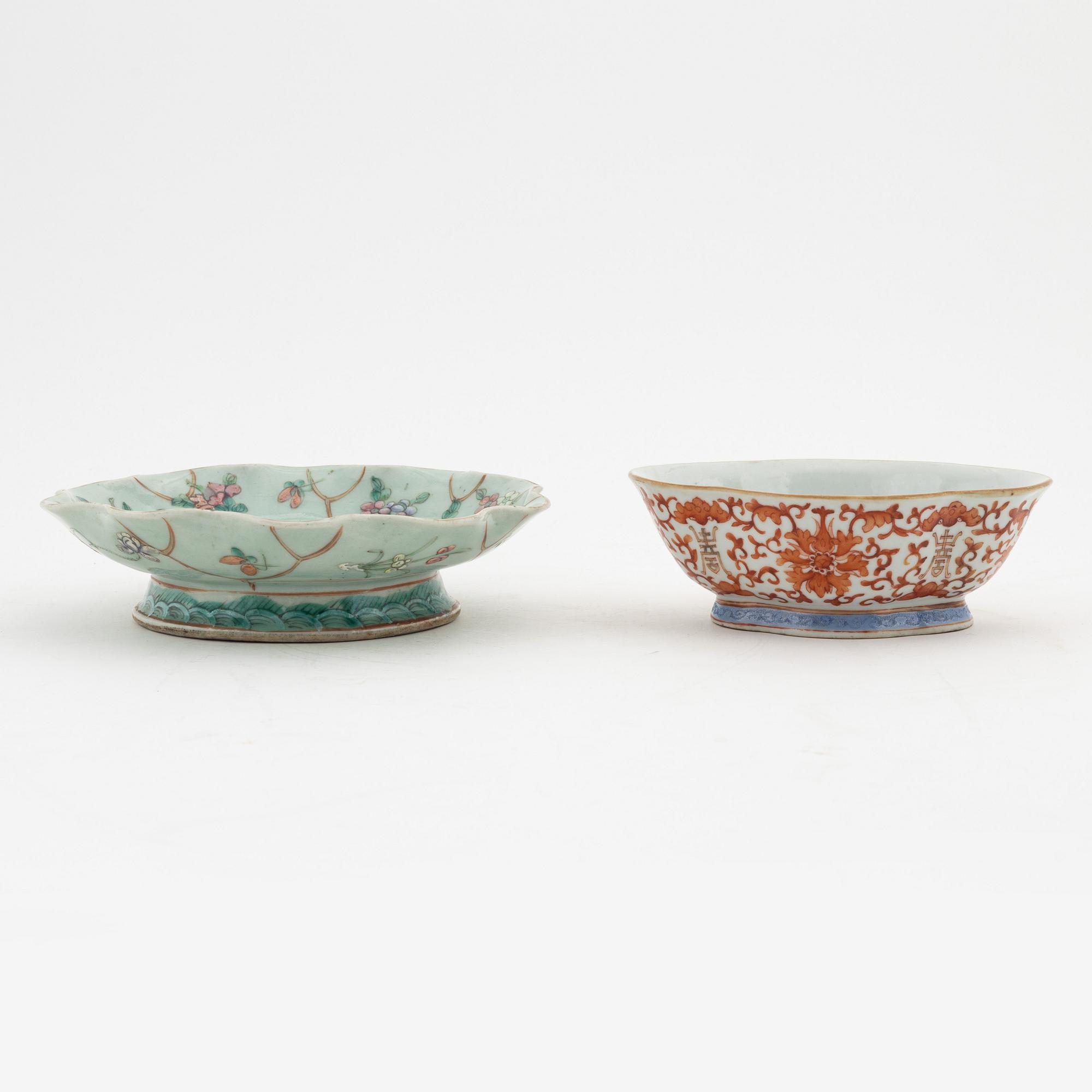 A famille rose jar with cover, box with cover and a dish and a bowl, China, circa 1900.