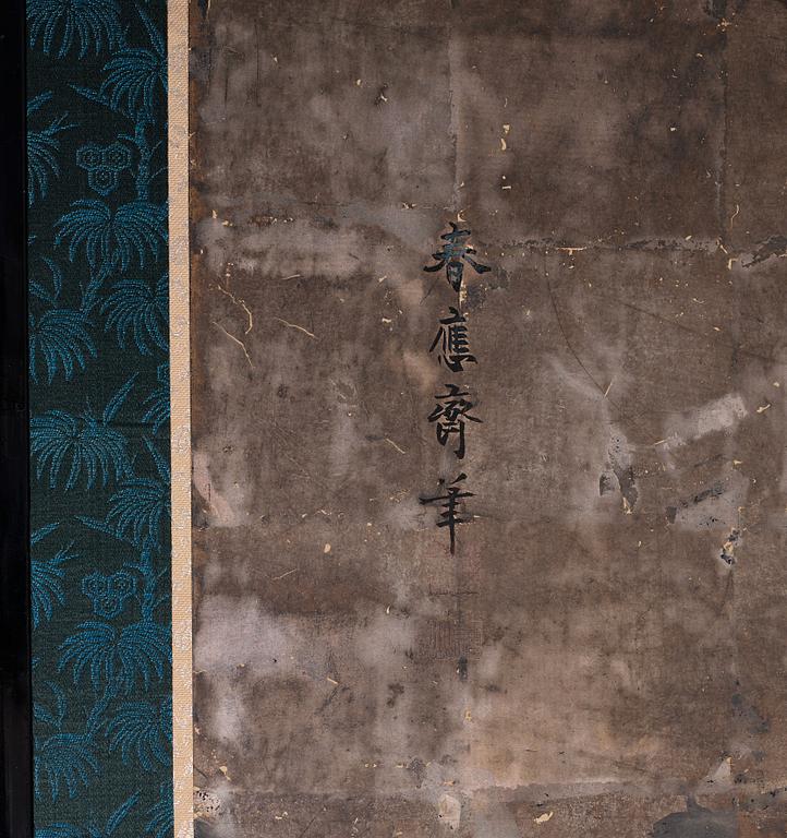 VIKSKÄRM, akvarell och tusch på papper. Japan, Meiji (1868-1912).