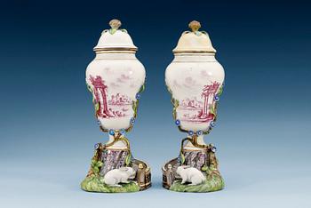 1219. A pair of Marieberg faience vases with covers, 18th Century. (2).