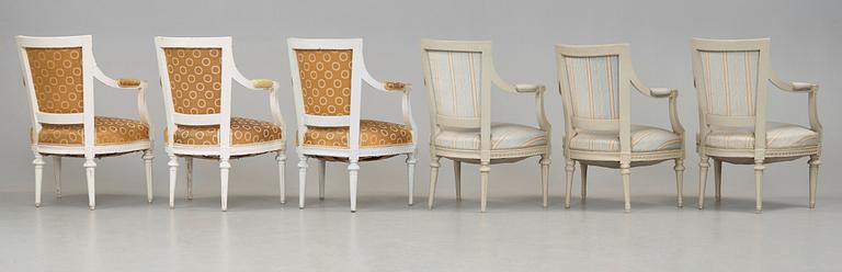 Six matched Gustavian late 18th century armchairs.