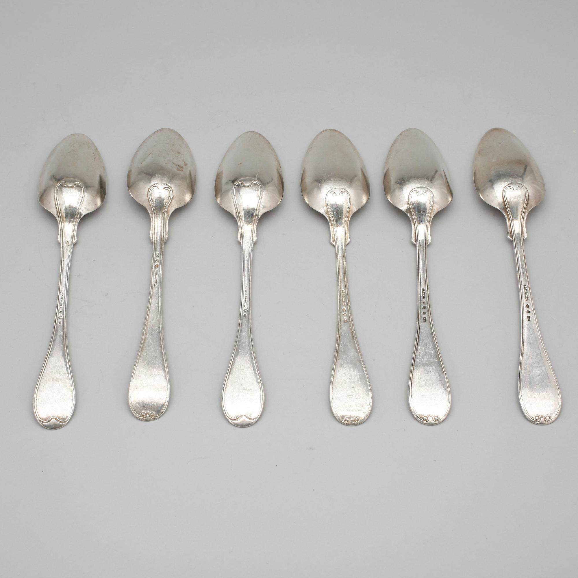 MATSKEDAR, 6 st, silver, bland annat Tengstedt, Göteborg, 1854. 1800-tal. Vikt ca 390 gram.