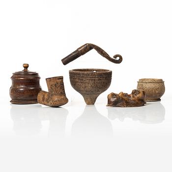 A set of six carved and turned wooden objects, 18th - 19th century.