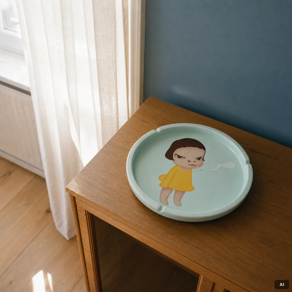 Yoshitomo Nara, an ashtray, "Too Young Too Die", Bozart, 2002.