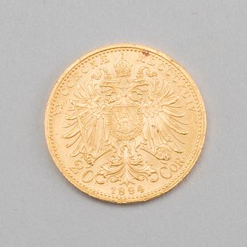 GOLD COIN 23 K. RANC.IOS.I.D.G.IMP.AVSTR.REX BOH.GAL.ILL.ETC.ET AP.REX HVNG. 1894. 20 Cor.