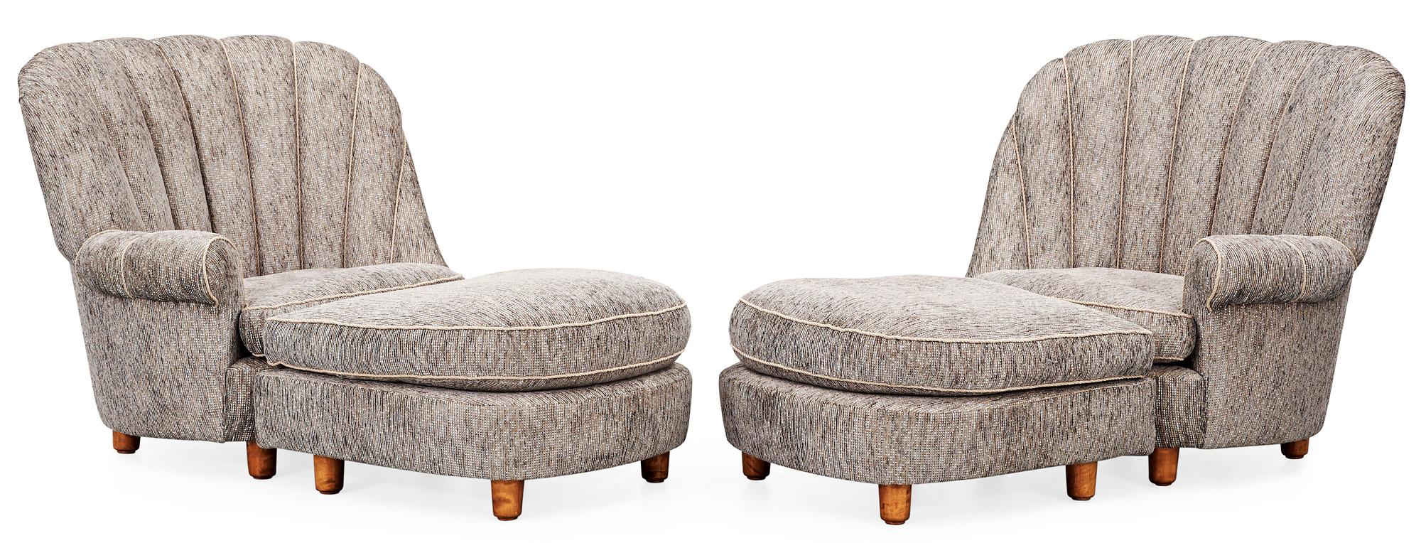 A pair of Carl Malmsten 'Redet' (The Nest) easy chairs with ottomans,
