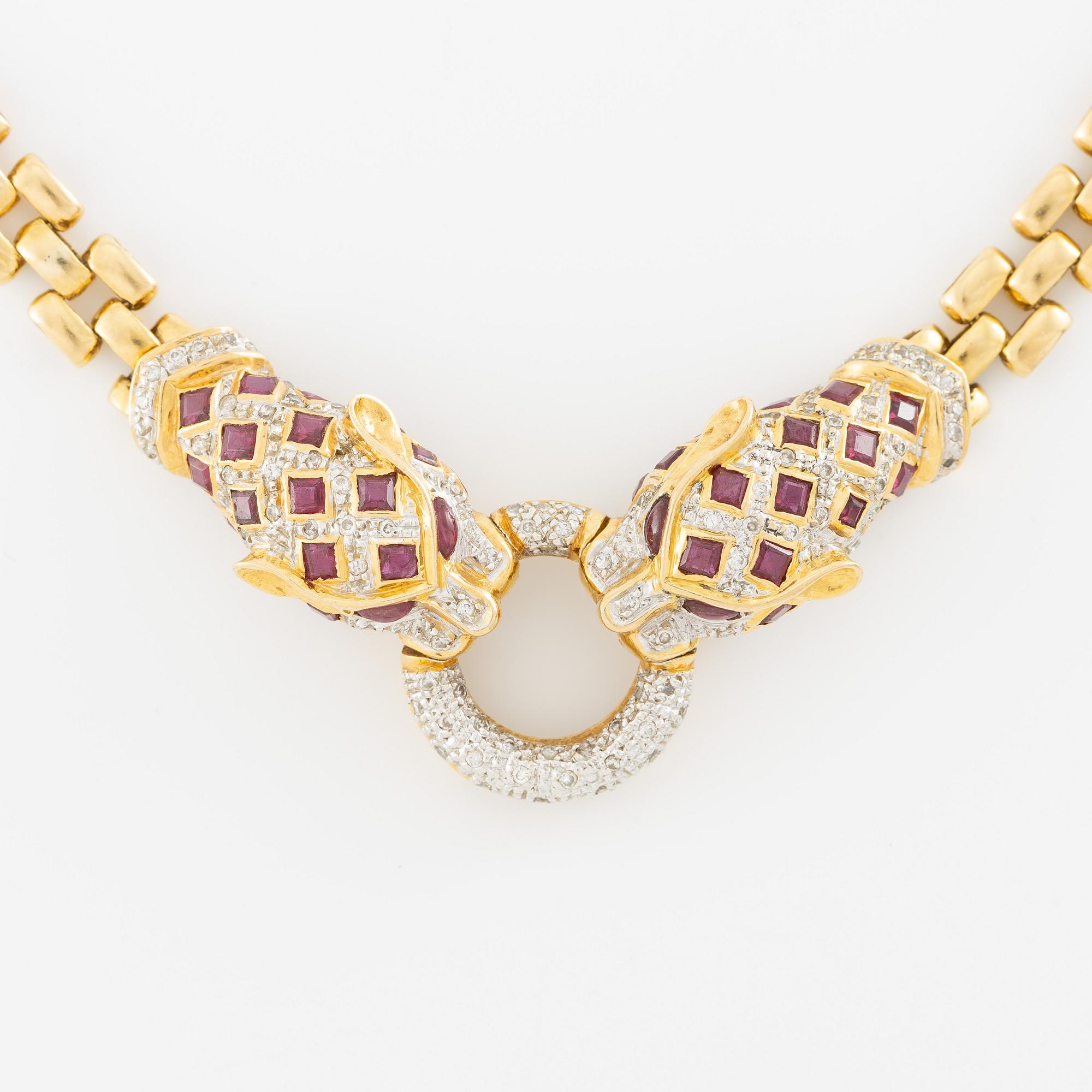 Necklace, 18K gold in the form of a panther with diamonds and rubies.