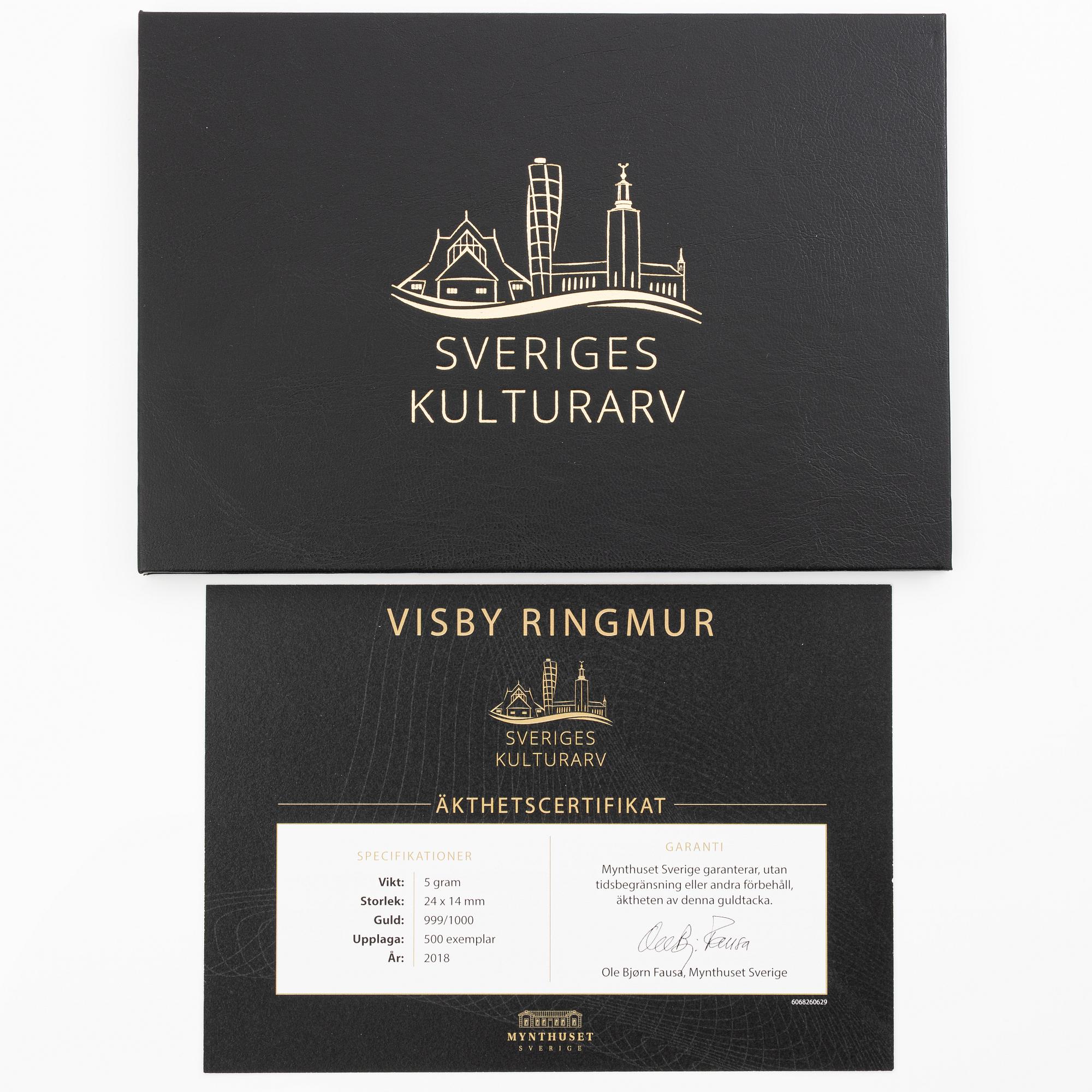 Gold bar, 999.9. “Visby City Wall”, Schöne Edelmetaal.