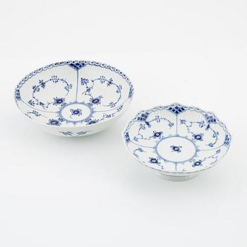 Nine porcelain dishes and bowls, half lace and Rifflet, 'Musselmalet', Royal Copenhagen, Denmark.