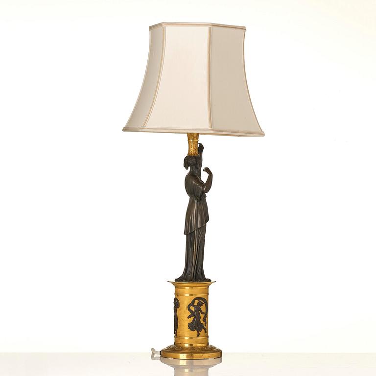 A French Empire ormolu and patinated lamp, early 19th century.