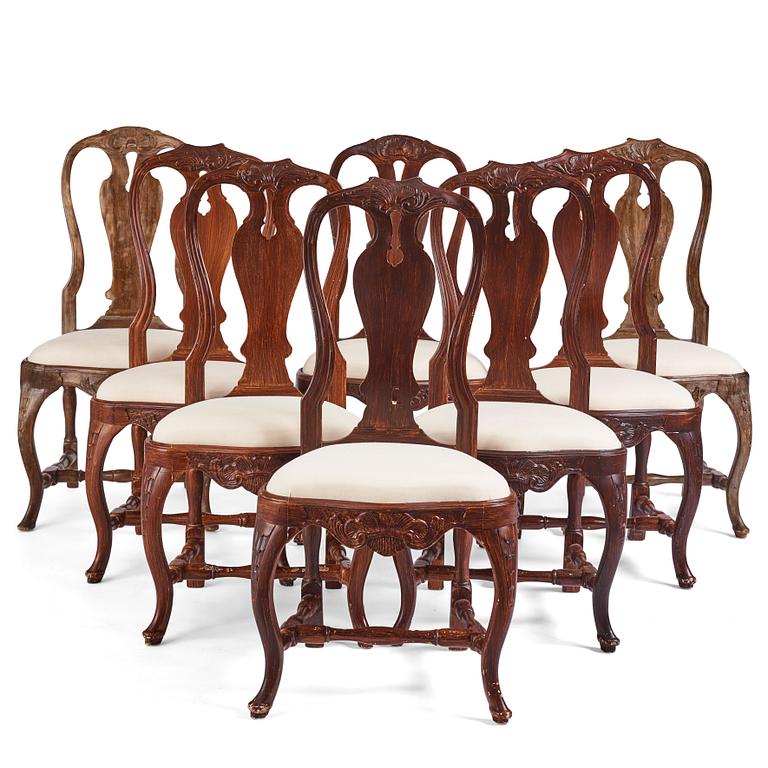 A set of eight matched (2+6) Swedish Rococo chairs, Stockholm, second part of the 18th century.