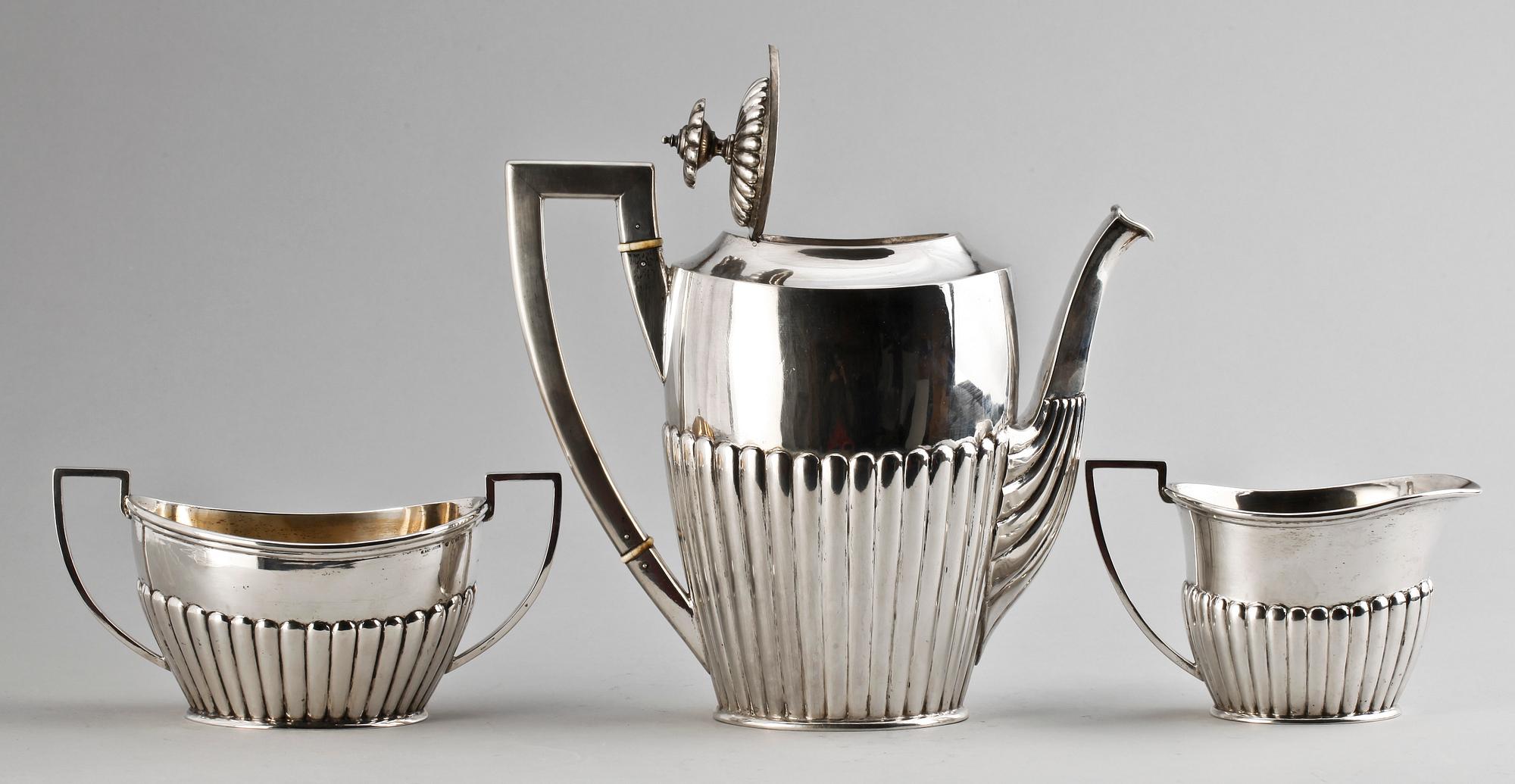 KAFFESERVIS, 3 delar, silver. Empirstil, K Anderson, 1900. Ca 1510g.