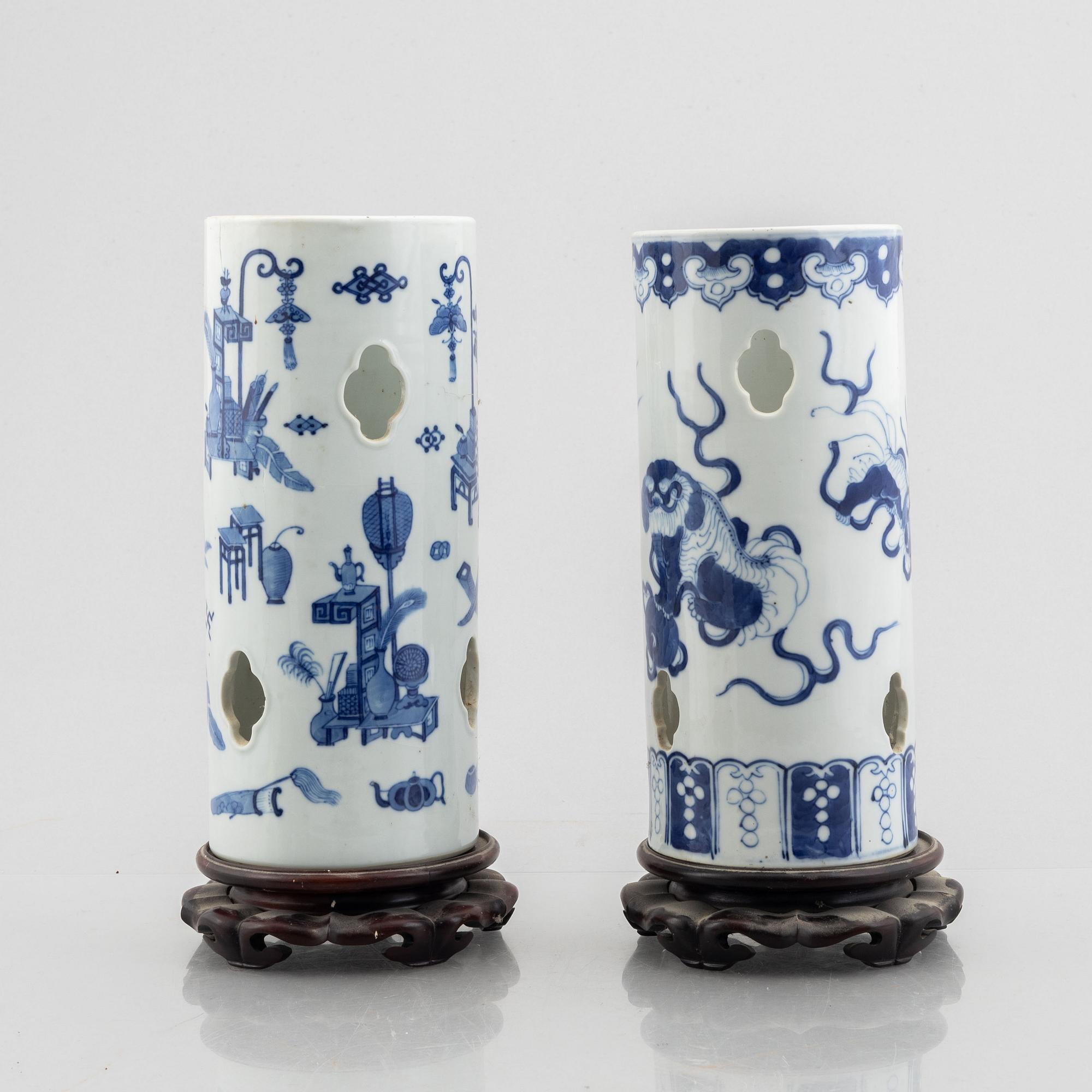 Two Chinese blue and white porcelain hat stands, Qing dynasty, 19th century.