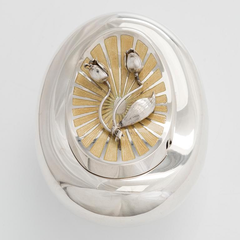 Sugar bowl and spoon, silver and enamel, the bowl by Anita Sarlin. Tillander, Helsinki, 1950.