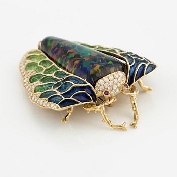 Brooch, butterfly, 18K gold with enamel, synthetic opal, rubies and brilliant-cut diamonds.