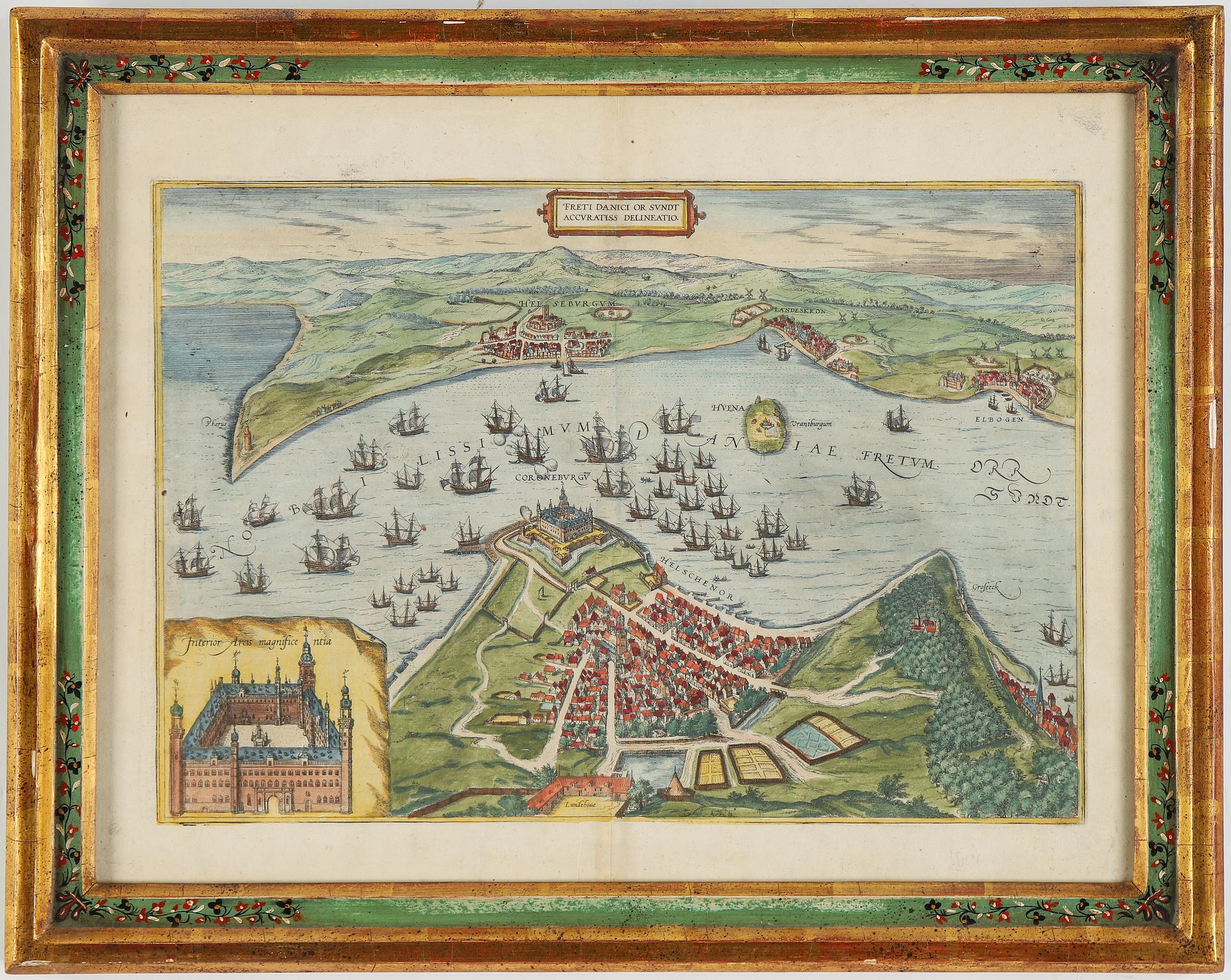 Georg Braun & Franz Hogenberg, a coloured engraving, a topographic view over Öresund, presumably late 16th century.