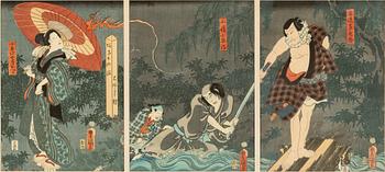 Utagawa Kunisada, a woodblock print triptych, mid 19th Century.