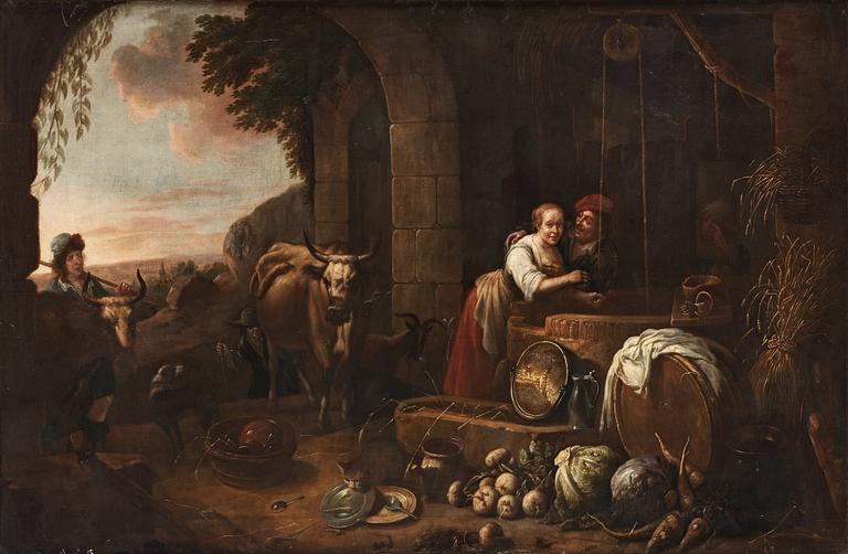 David Ryckaert d.y Follower of, Figures and livestock by a well.