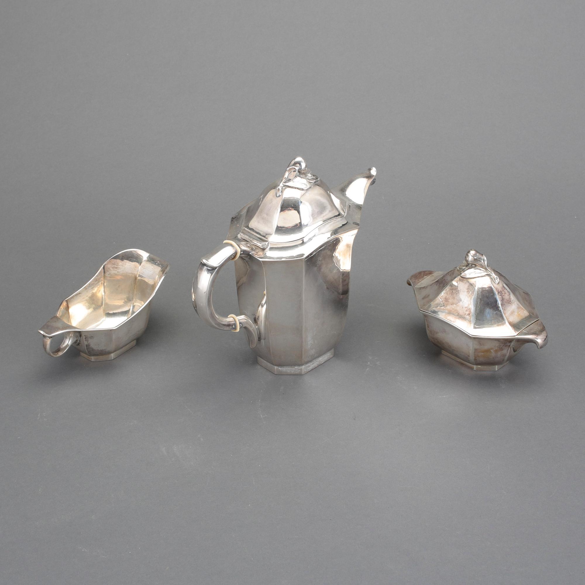 KAFFESERVIS, 3 delar. Silver, GAB Stockholm 1938. Tot ca 930 g.
