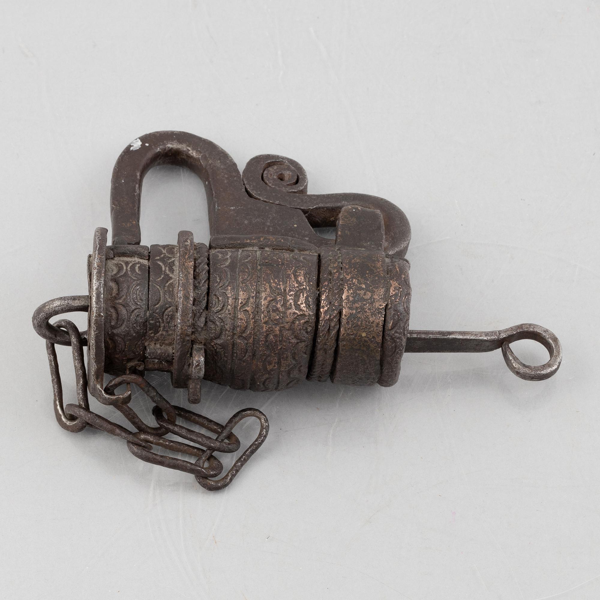 A Swedish wrought iron lock, 17th century.
