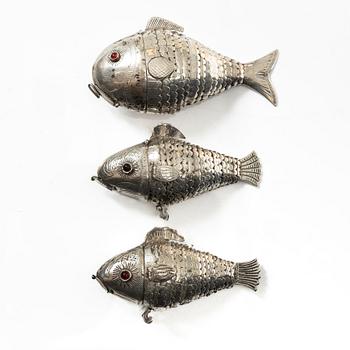 A set of three silver table decorations/boxes, 19th Century.