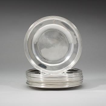 A set of 12 Swedish 19th century silver plates, Christian Hammer and Gustaf Möllenborg, Stockholm 1864-1875 (9+3).