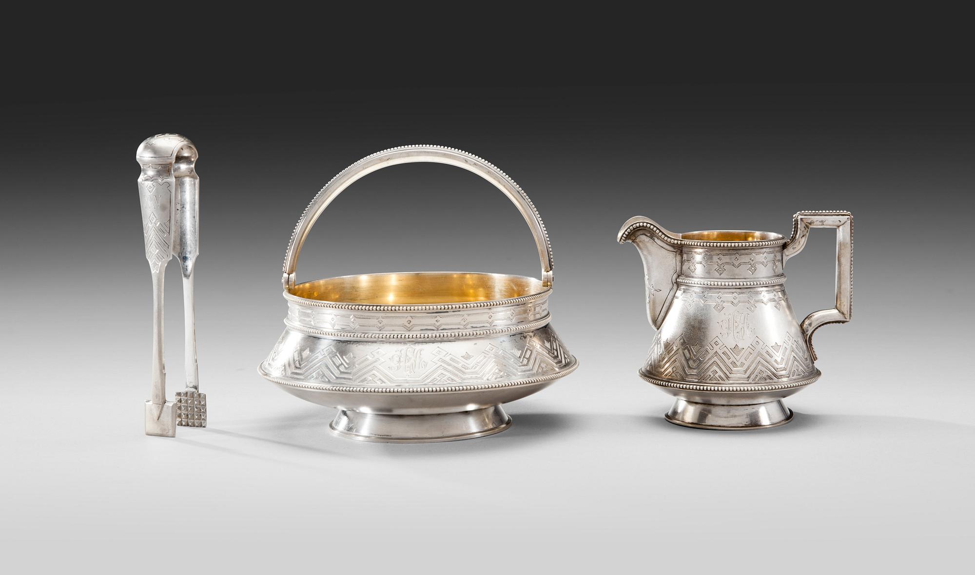 RUSSIAN SUGAR BOWL, SUGAR TONGS AND MILK JUG.