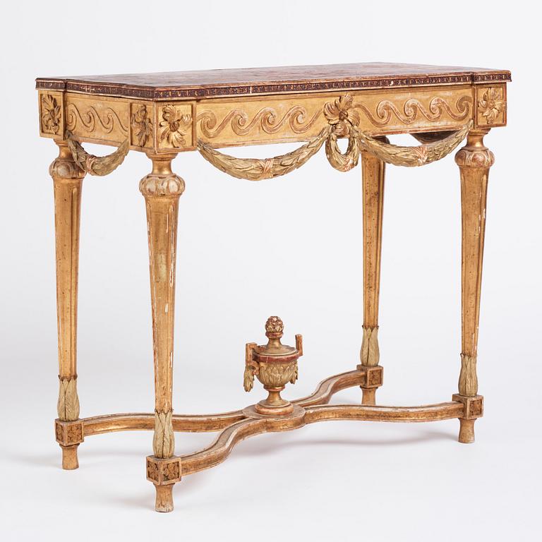 A Gustavian giltwood and faux-porphyry console table, late 18th century.