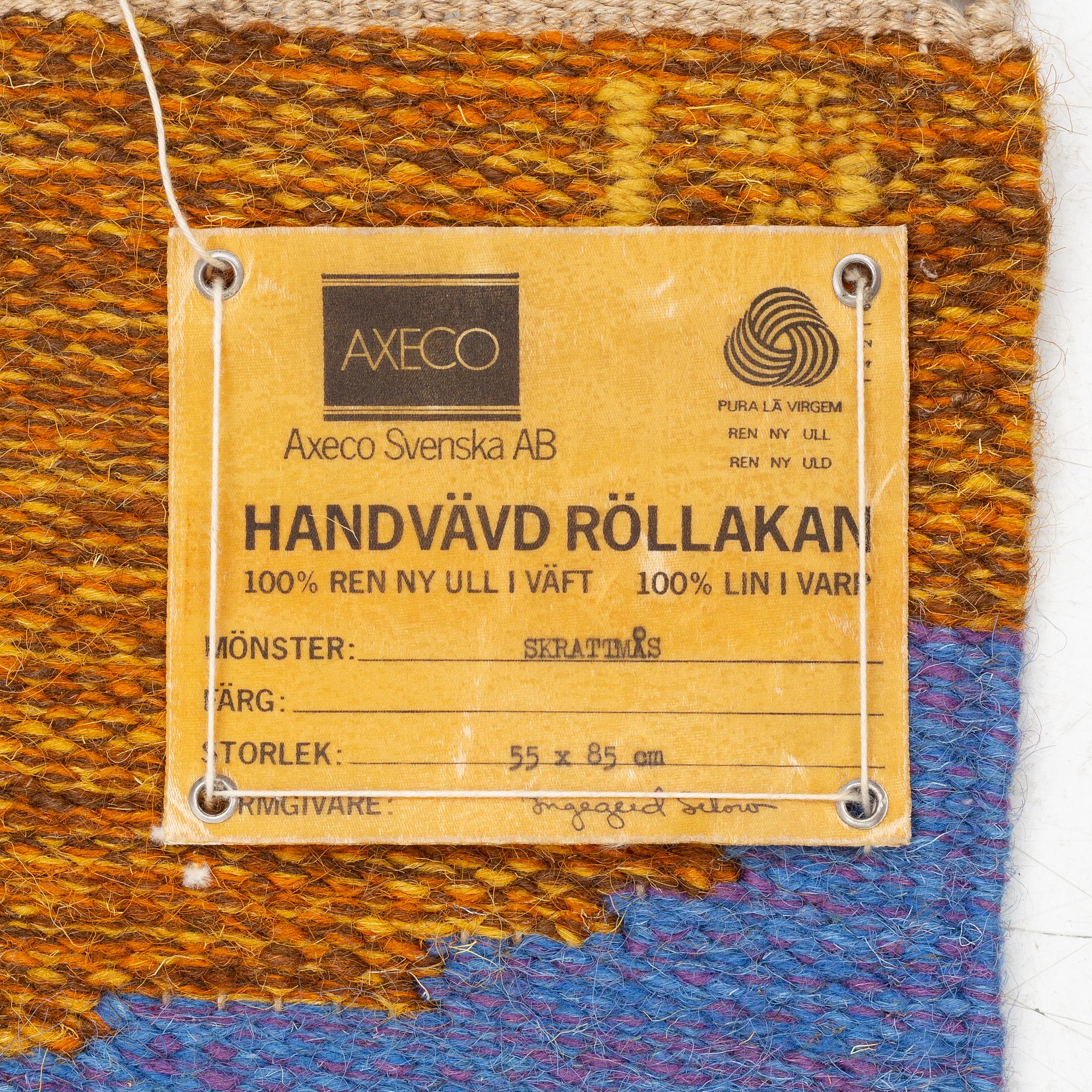 Ingegerd Silow, a flat weave carpet/weave, Axeco, signed IS, ca. 90 x 56 cm.