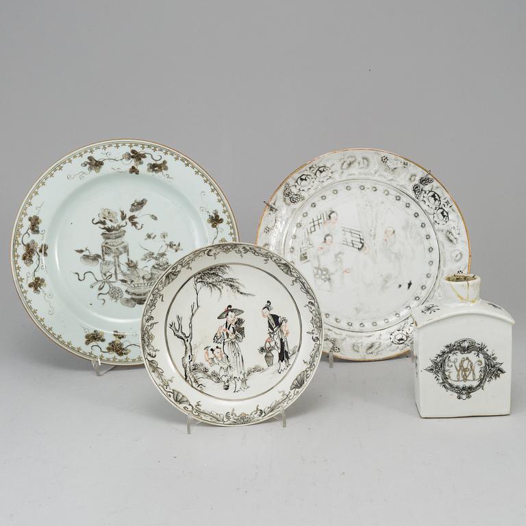 A set of three grisaille dishes and a tea caddie, Qing dynasty, Qianlong (1736-95).