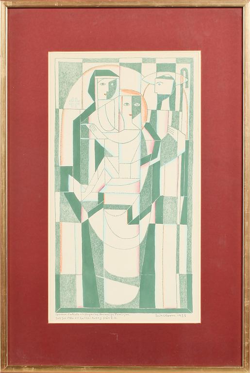 ERIK OLSON, kolorerad litografi, signerad, epreuve d'artiste, daterad 1955.