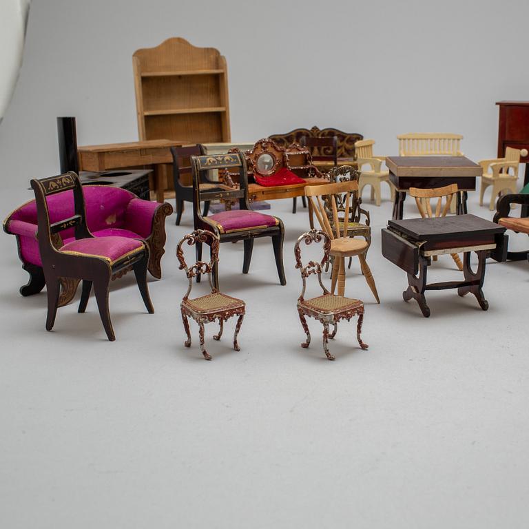 Circa 66 pieces of doll furniture with various accessories, ca 1900 and early 20th century.