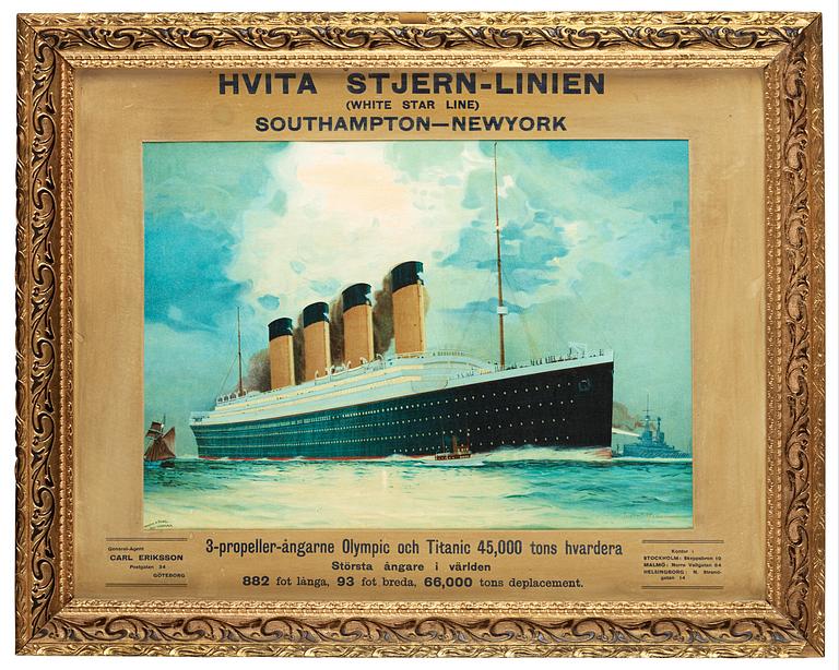 AFFISCH. TITANIC/OLYMPIC. Signerad i trycket James S Mann. Tryckt hos Norman & Sons, Nottingham. Ca 1910-11.