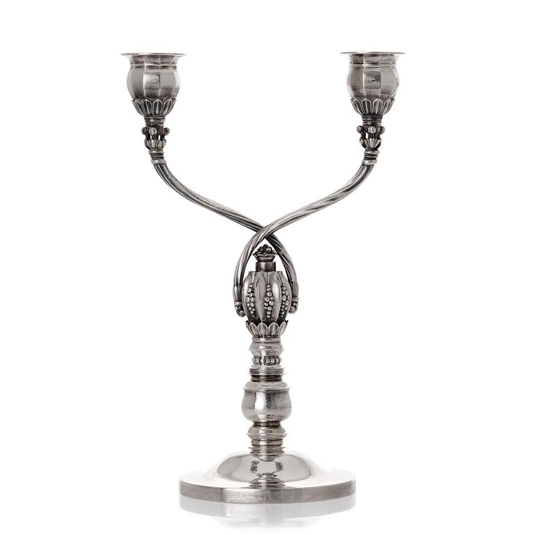 Johan Rohde, a sterling silver two branched candelabrum, Georg Jensen, Copenhagen 1945-77, design nr 343.
