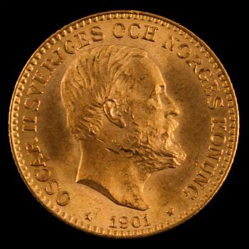 GULDMYNT, 10 kronor, Oscar II, 1901. Vikt 4 gram.