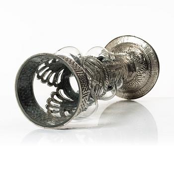 Vase, glass, and white metal, unmarked, 20th century.