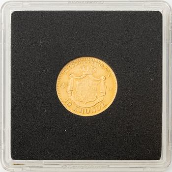 Gold coin, Oscar II, 10 kronor, type I, Sweden 1874.