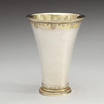 A Swedish 18th century parcel-gilt beaker, makers mark of Conrad Heitmüller, Nyköping 1777, dubble mark of.