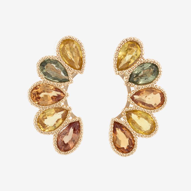 A pair of 14K gold earrings with multicolored sapphires.