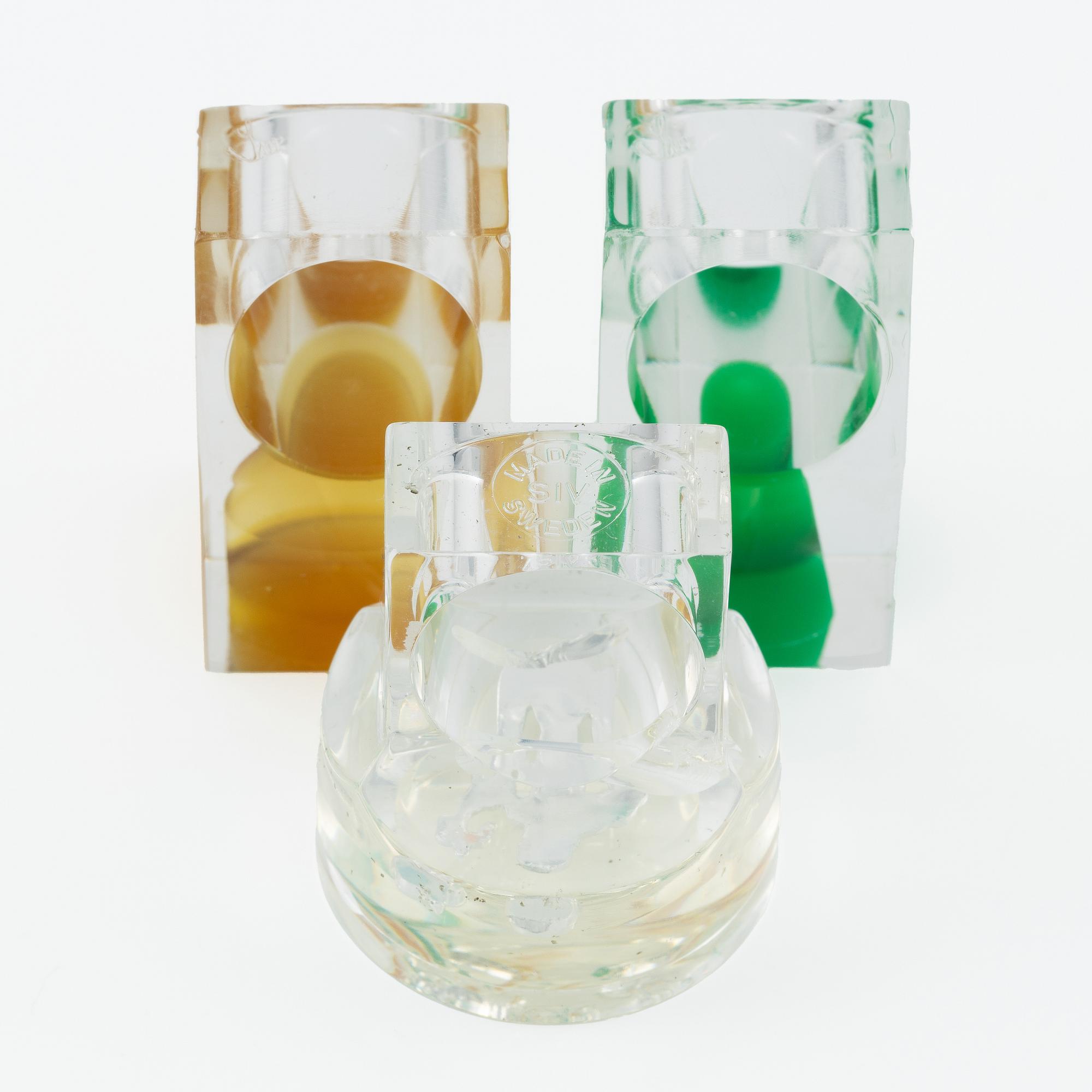 Siv Lagerström, three rings, and three sculptures, acrylic plastic, 1970s.
