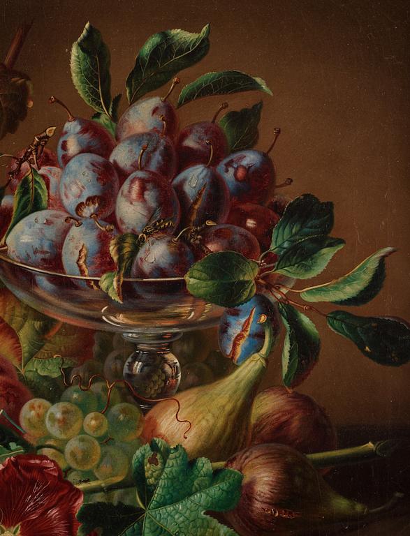 Amalie Kärcher, Still life with plums, figs, grapes, and insects.