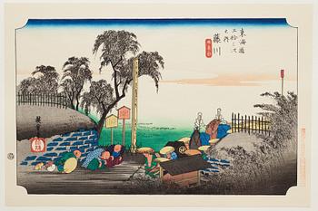 ANDO HIROSHIGE, senare avdrag, mapp, "The fifty-three stations on the tokaido", utgiven av Kata Hanga Kenkyujo.