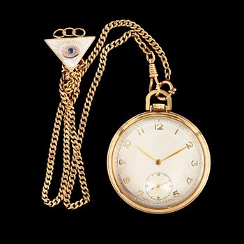 Fickur med Klockkedja, 14k resp kedja 18k guld. Tillverkad i Schweiz, 1900-talets mitt. 46mm.
