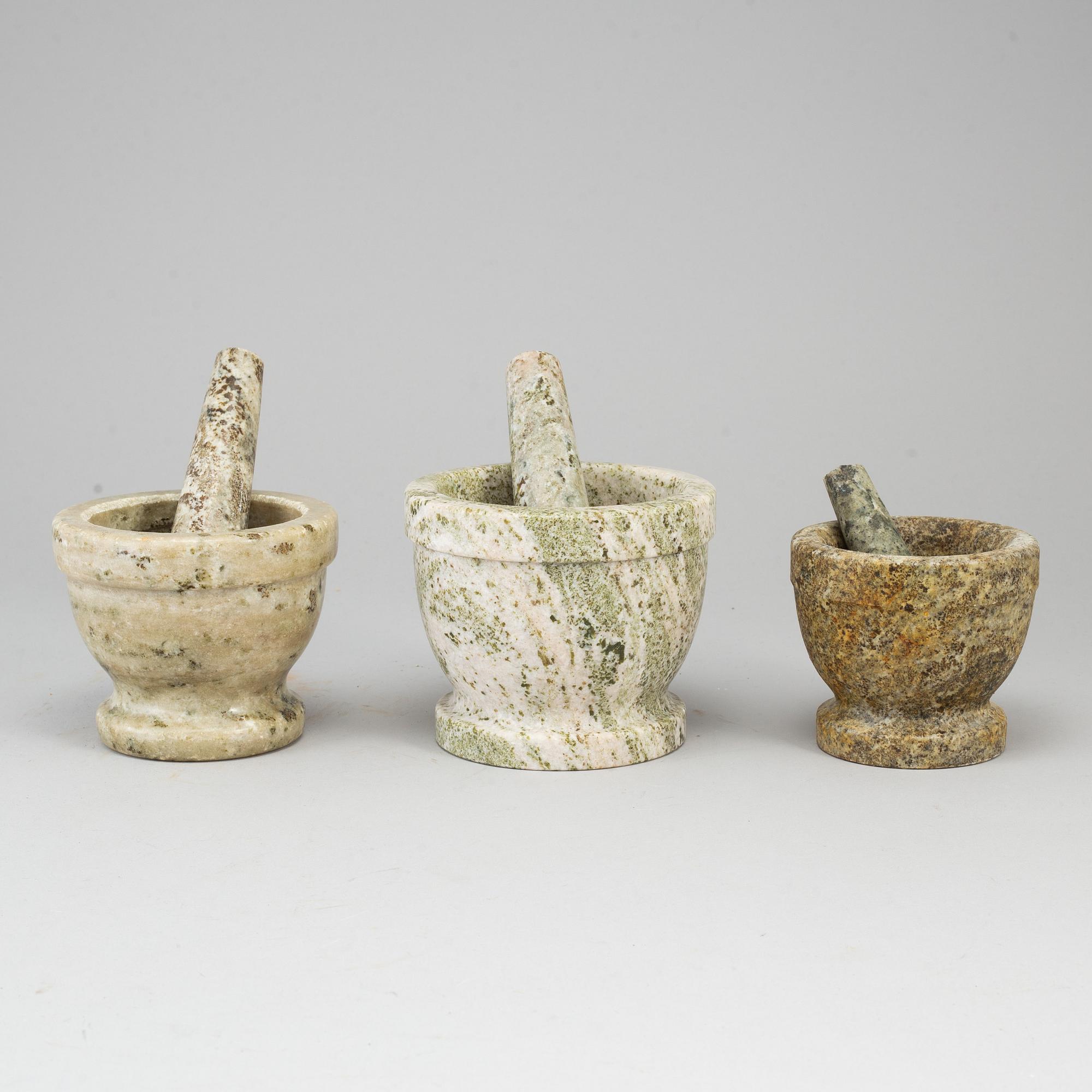 Three swedish green marble mortars and pestles.