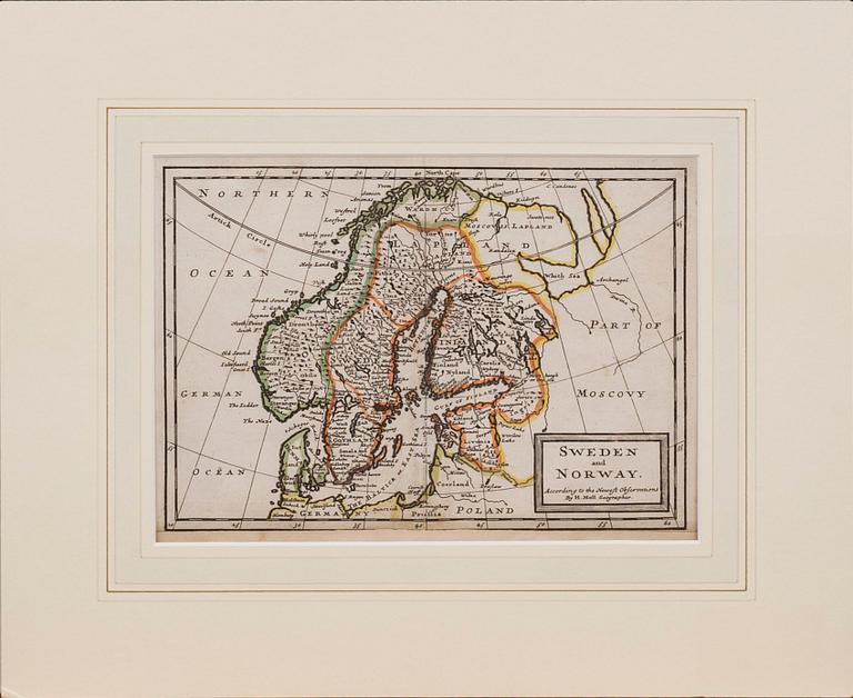 HERMAN MOLL, map, copper engraving,  'Sweden anf Norway, London 1707.'.