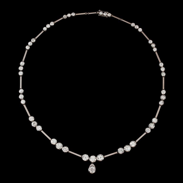 A diamond necklace. 46 old cut diamonds ranging from 1 ct to 0.15 ct.