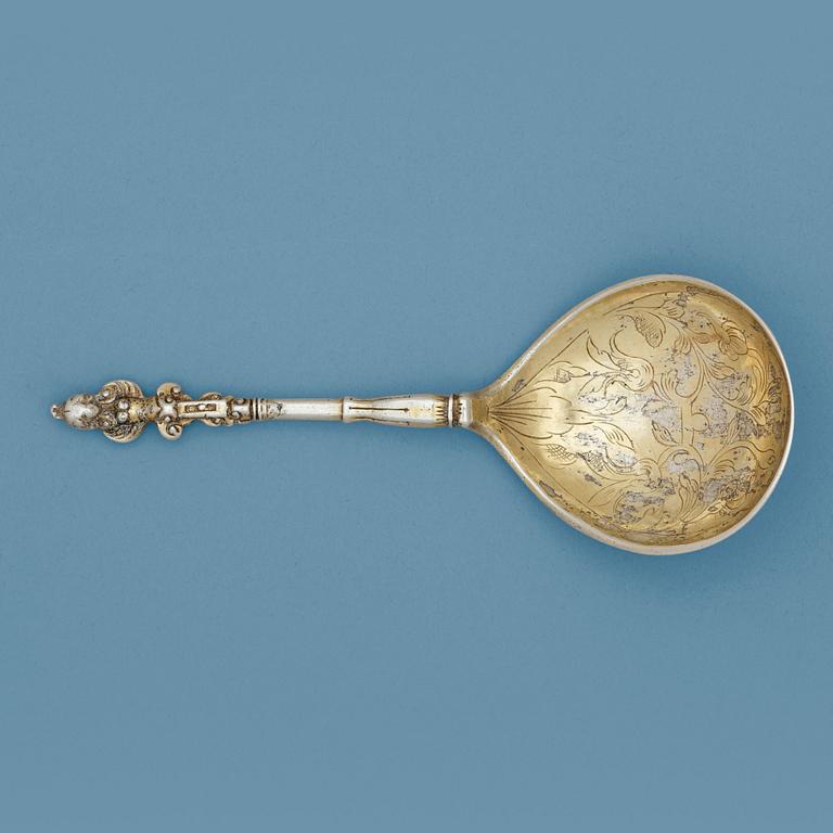 A Scandinavian 17th century silver-gilt spoon, unmarked.