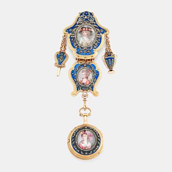 217. Chatelaine med fickur, 18K guld , emalj och stenar, Paris efter 1838, Louis XVI-stil.