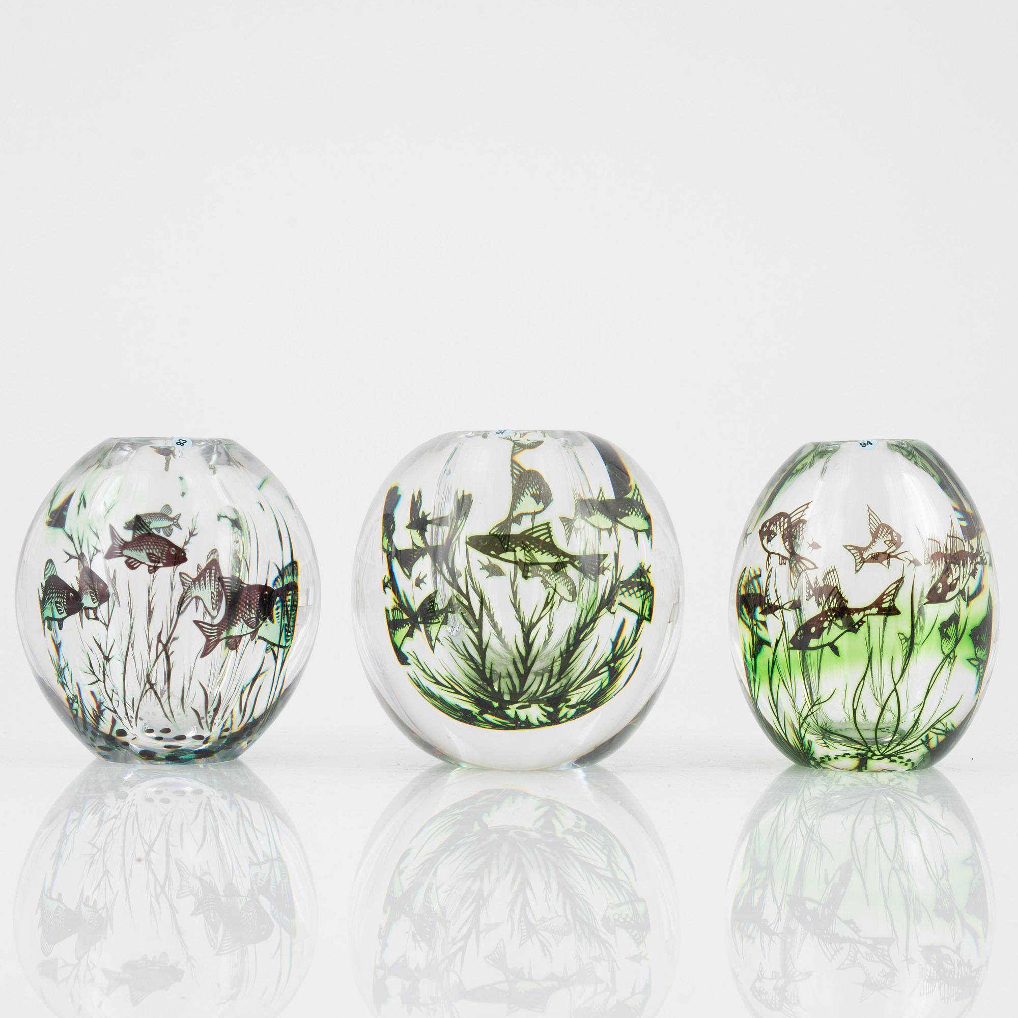 Edvard Hald, vaser, 3 st, Fiskgraal, Orrefors.