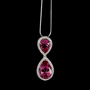 HÄNGSMYCKE, droppslipade rosa topaser med briljantslipade diamanter, tot. 0.32 ct.