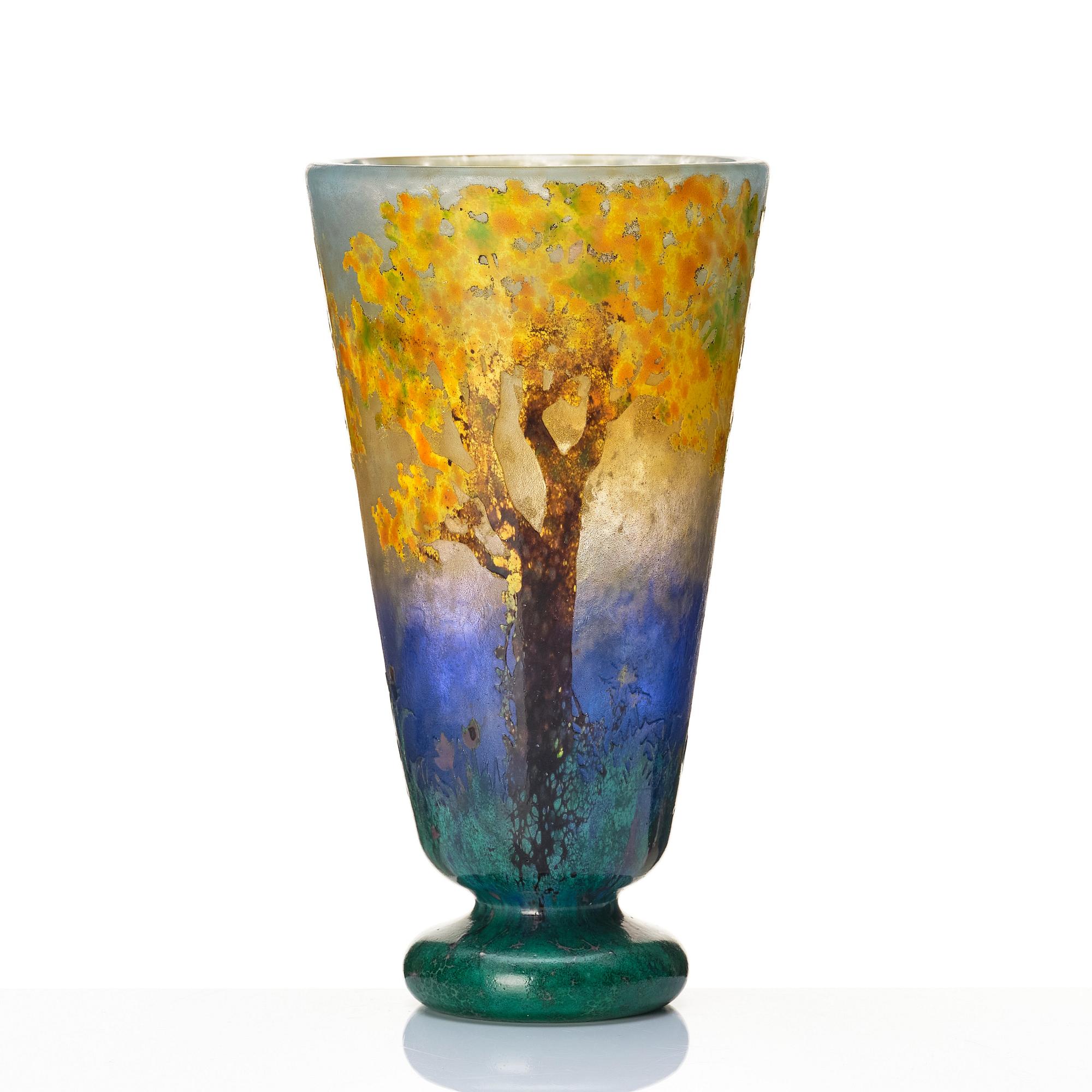 an art Nouveau cameo glass vase with autumn trees, Nancy, France.
